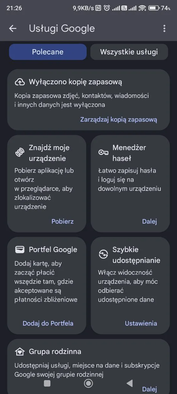 Ekran Usługi Google w ustawieniach Androida z kartą Zarządzaj kopią zapasową